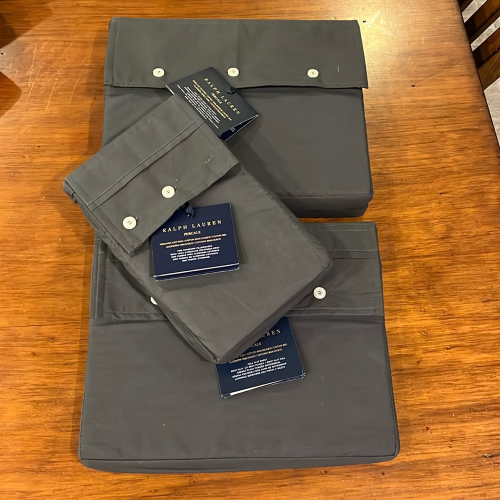 Ralph Lauren Organic Cotton Percale Full Sheet Set Grey fitted flat pillowcases